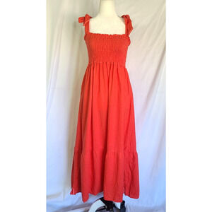 Caryn Lawn Womens Designer Orange Smocked Midi Dress Small Linen Blend